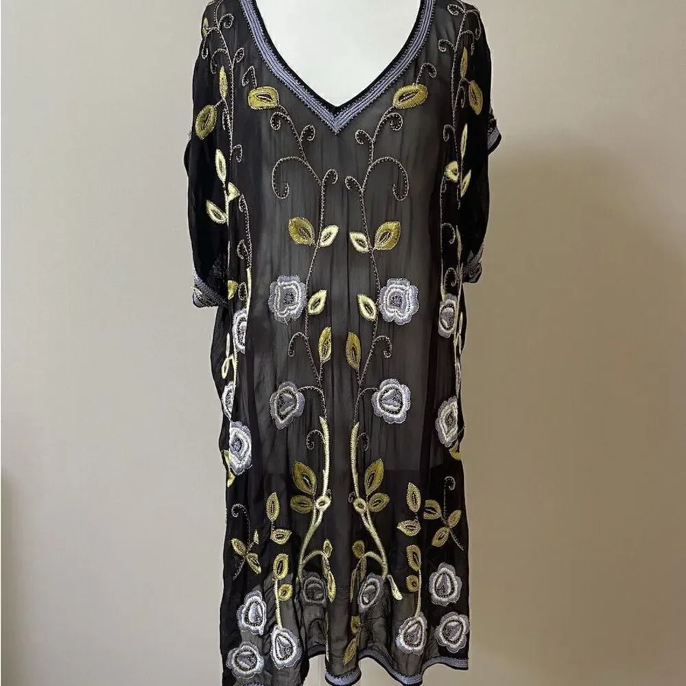 Free People | Sheer Black Floral Tunic Dress Cover Up Embroidered Beads | XS